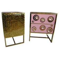 Pair of Modern Pink Nightstands with Murano Spheres and Brass Legs Available