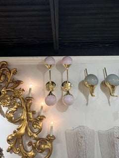 Pair of Modern Pink Pearl Murano Glass and Brass Sconces