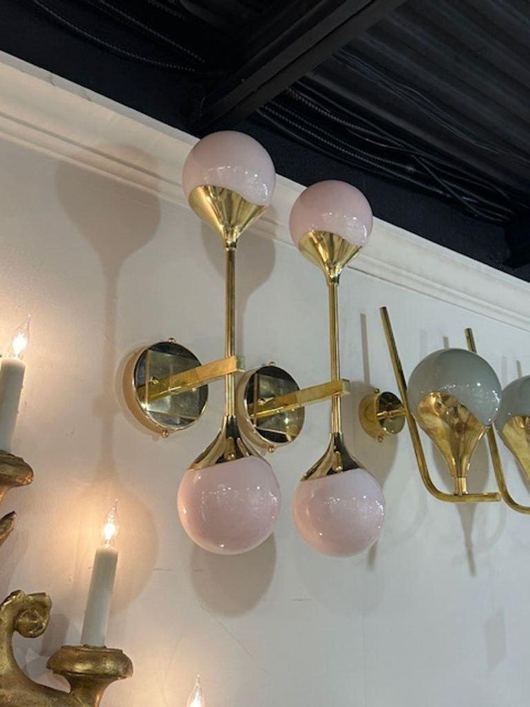 Pair of Modern Pink Pearl Murano Glass and Brass Sconces In Good Condition For Sale In Dallas, TX