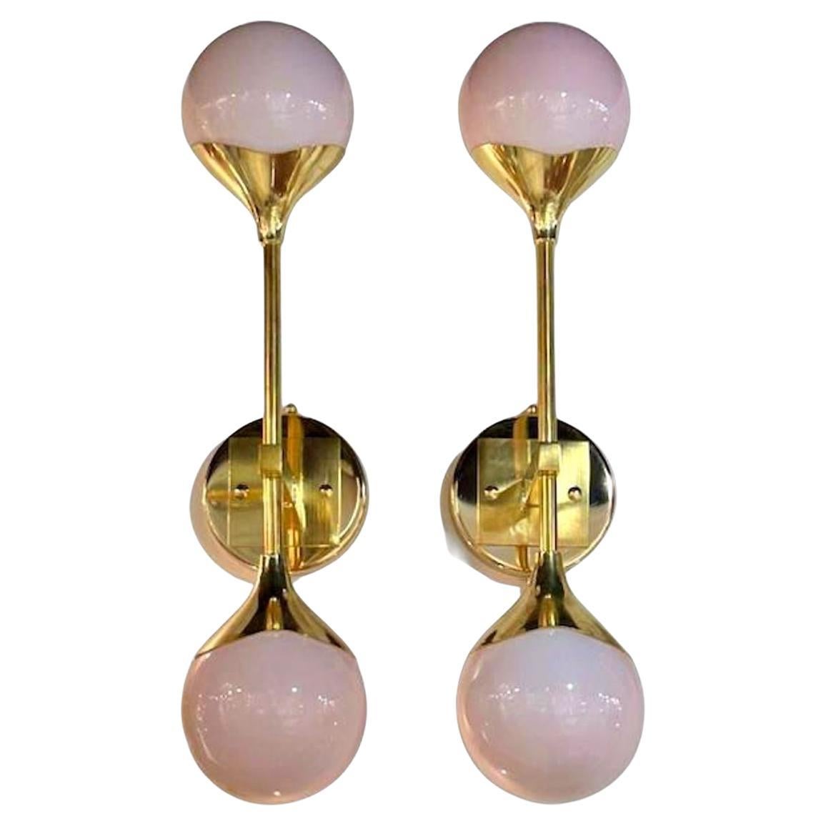 Pair of Modern Pink Pearl Murano Glass and Brass Sconces For Sale