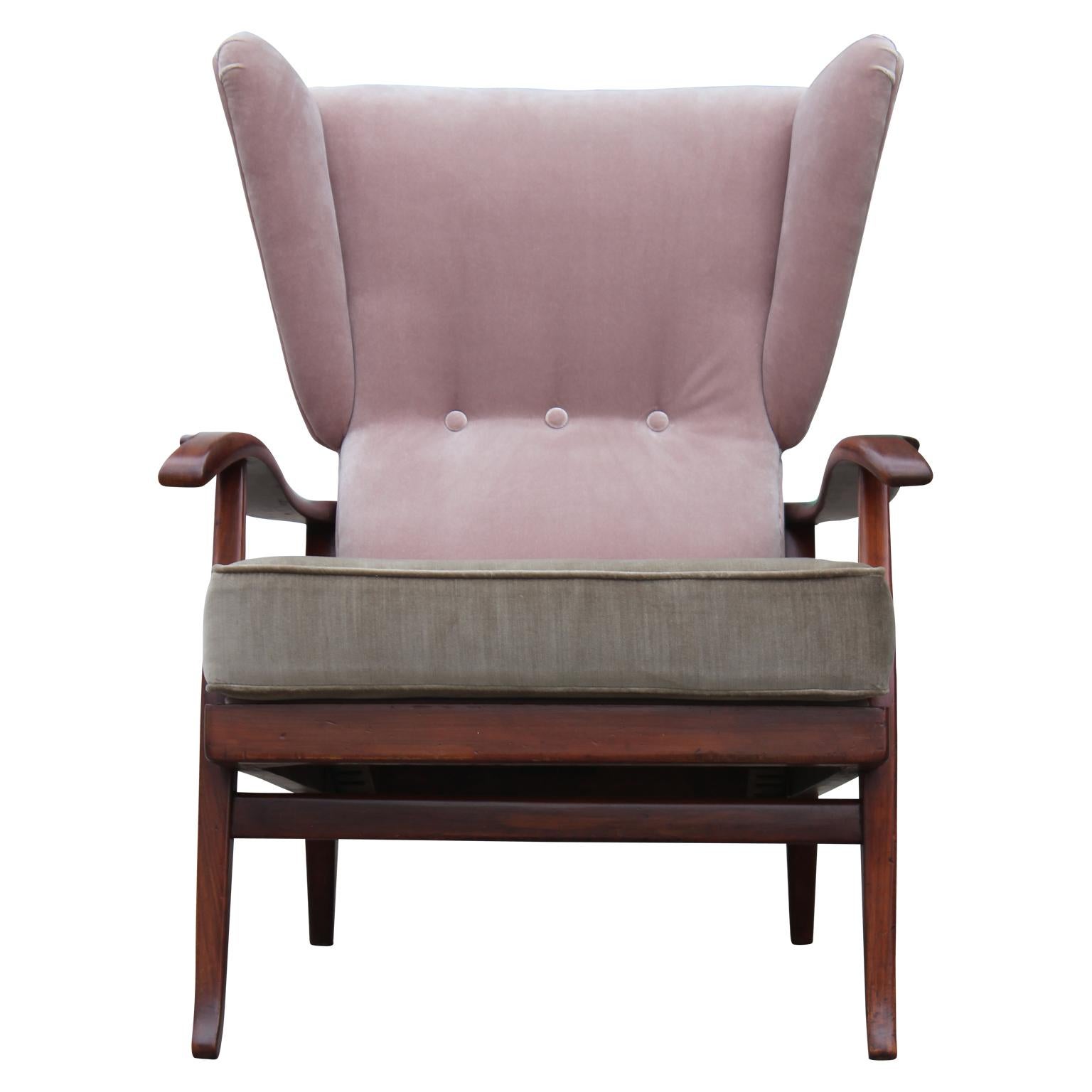 Mid-Century Modern Pair of Modern Pink & Taupe Italian Wingback Reclining Chairs Paolo Buffa Style
