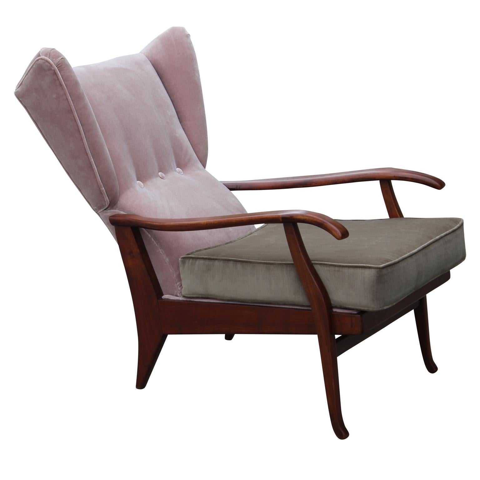 Pair of Modern Pink & Taupe Italian Wingback Reclining Chairs Paolo Buffa Style In Excellent Condition In Houston, TX