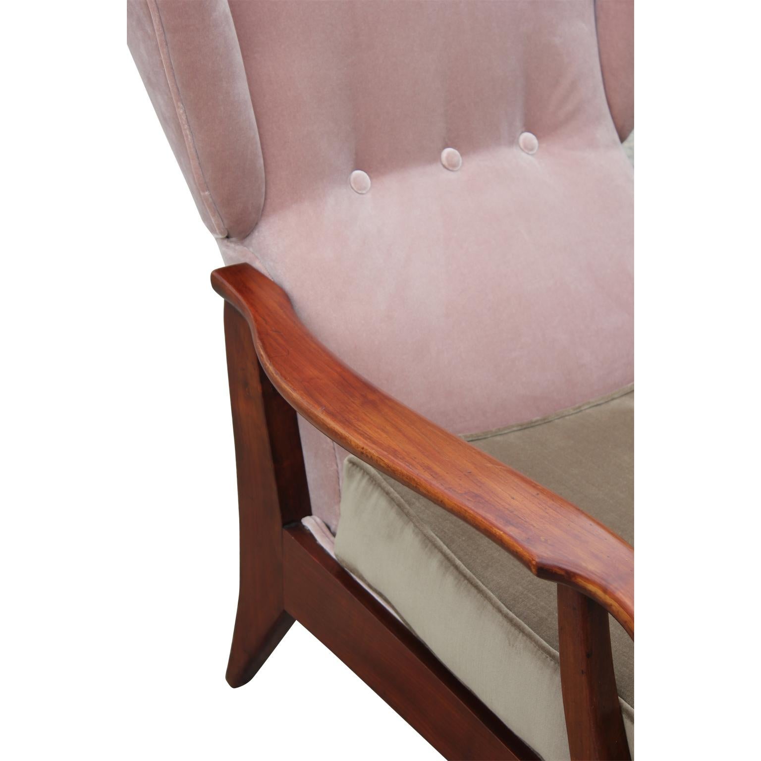 Walnut Pair of Modern Pink & Taupe Italian Wingback Reclining Chairs Paolo Buffa Style
