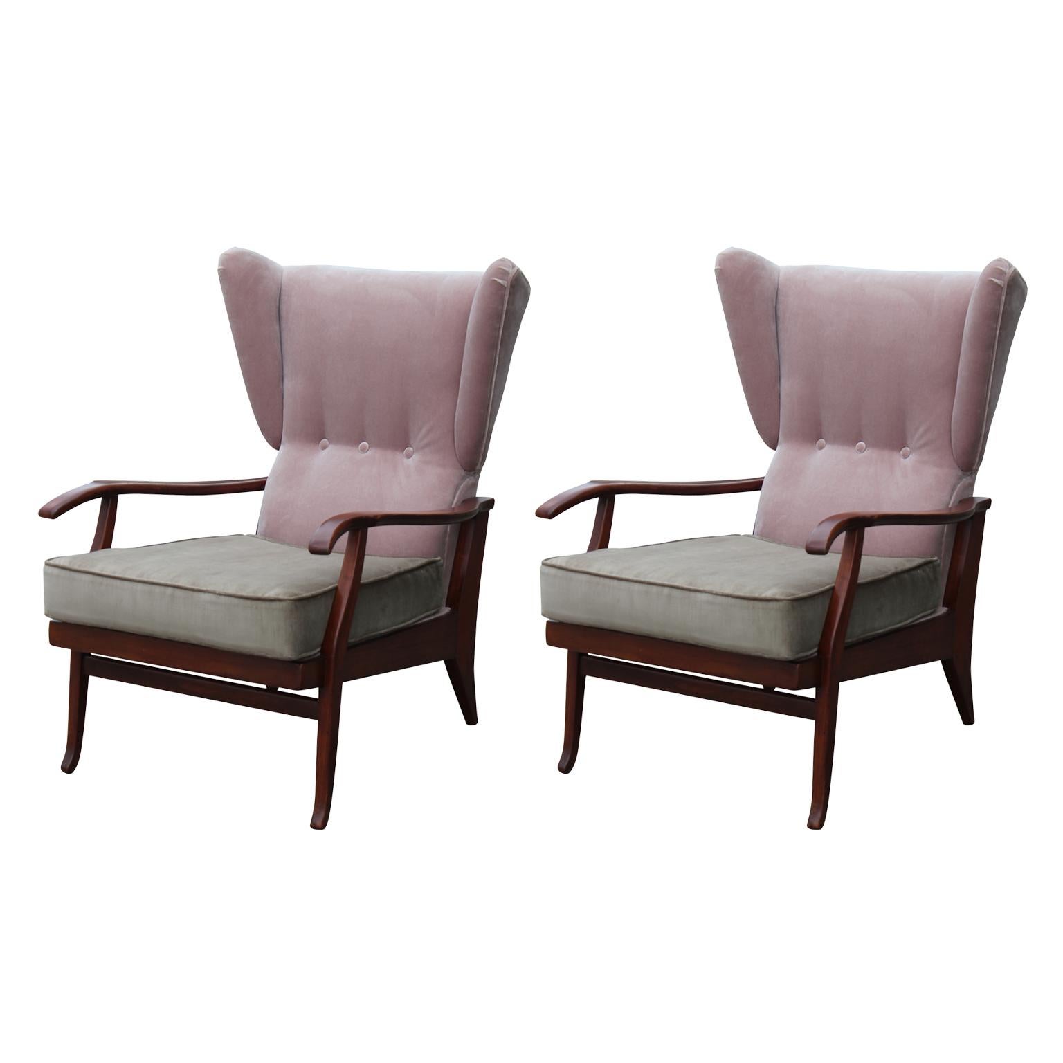 Pair of Modern Pink & Taupe Italian Wingback Reclining Chairs Paolo Buffa Style