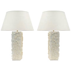 Pair of Modern Plaster Table Lamps with a Carved Geometric Pattern, France