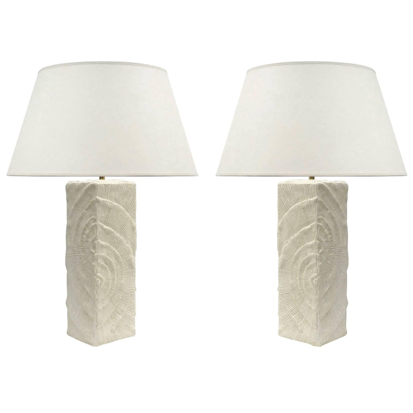 Pair of Modern Plaster Table Lamps with a Carved Spiral Pattern, France