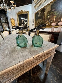 Pair of Modern Polish Green Murano Glass Cube Lamps