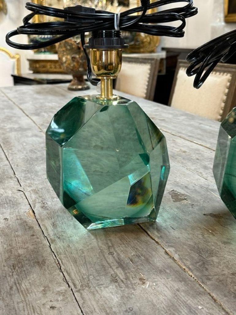 French Pair of Modern Polish Green Murano Glass Cube Lamps For Sale