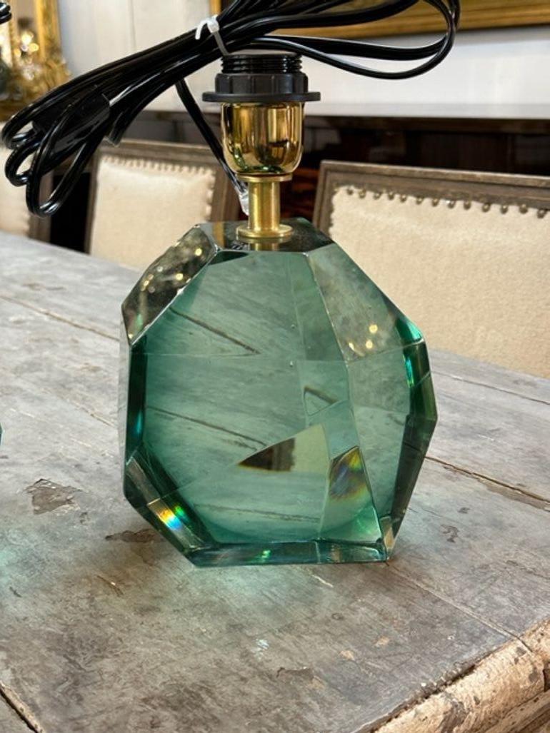 Pair of Modern Polish Green Murano Glass Cube Lamps In Good Condition For Sale In Dallas, TX