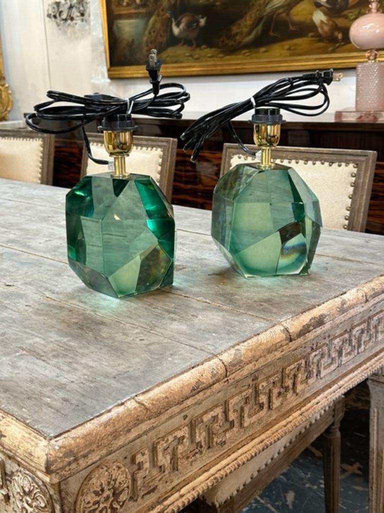 Contemporary Pair of Modern Polish Green Murano Glass Cube Lamps For Sale