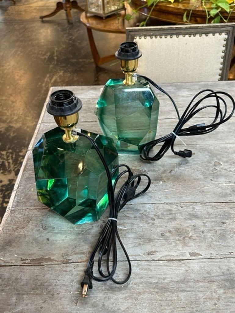Pair of Modern Polish Green Murano Glass Cube Lamps For Sale 1