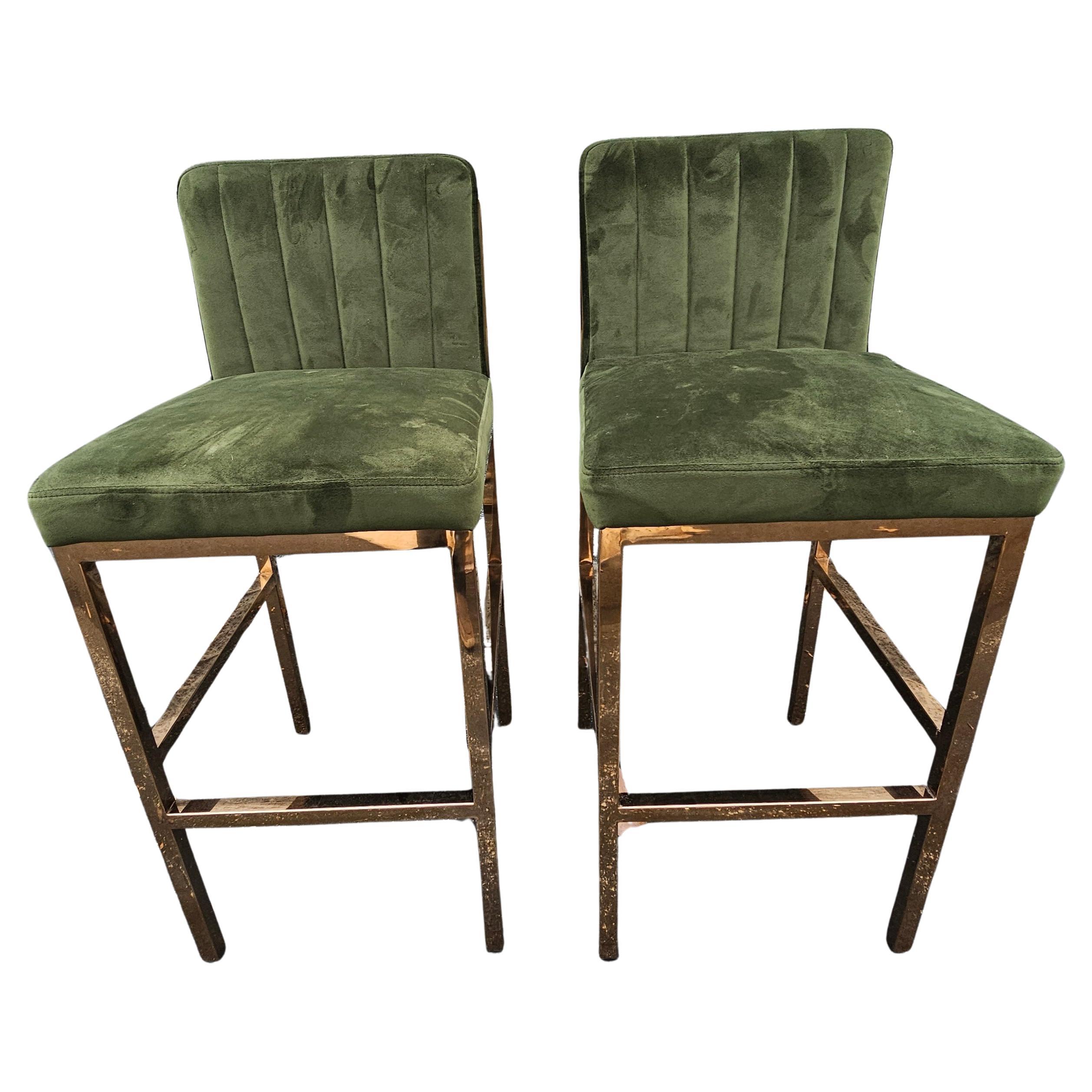 Contemporary Pair of Modern Polished Brass and Velvet Upholstered BarStools For Sale