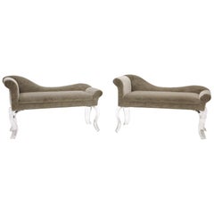 Pair of Modern Recamiers, Light Gray Upholstery and Lucite Sculptural Legs