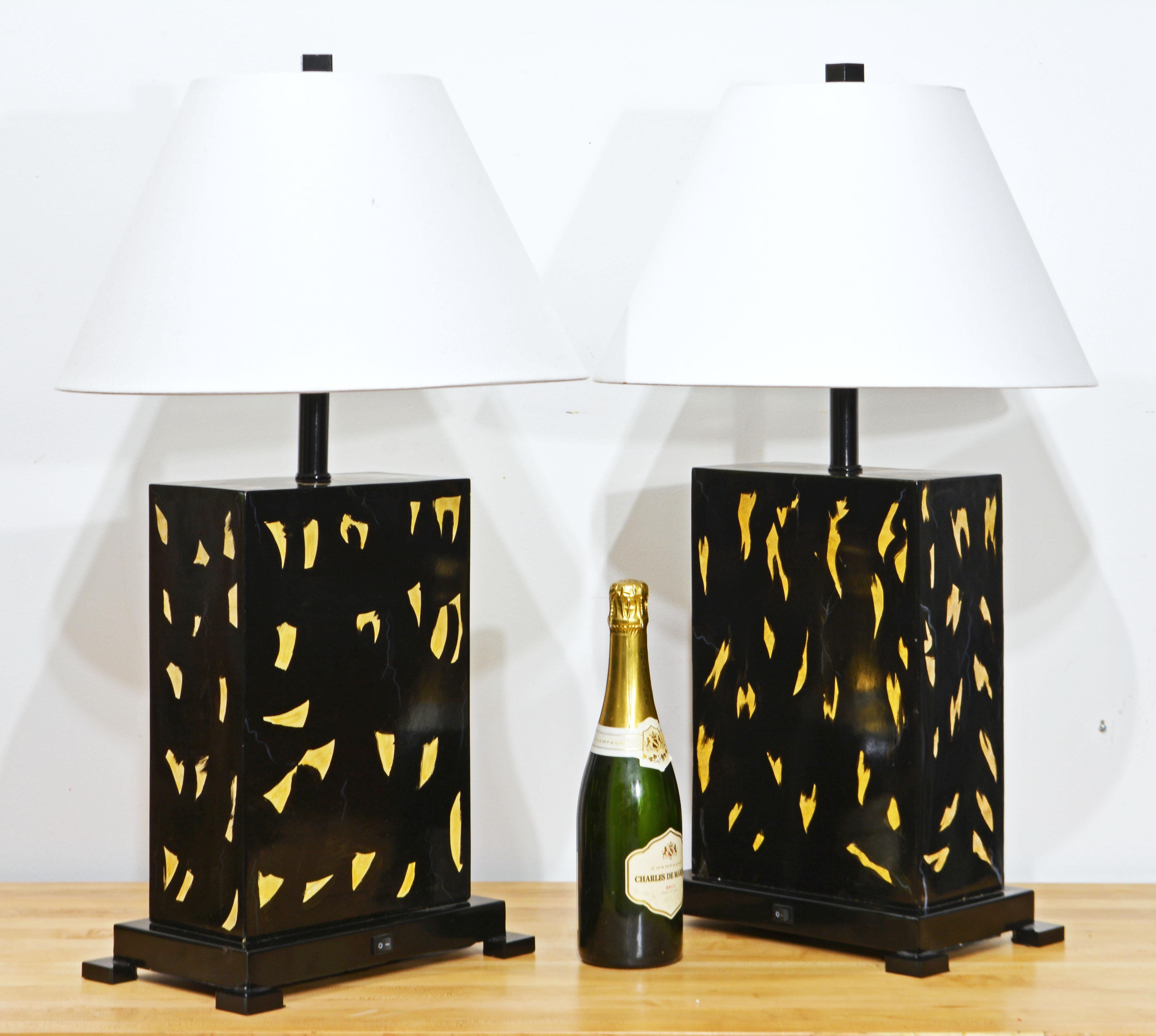 Modern Pair of Archit Rectangular Lacquered Tablelamps w. Abstract Experssionist Motifs For Sale