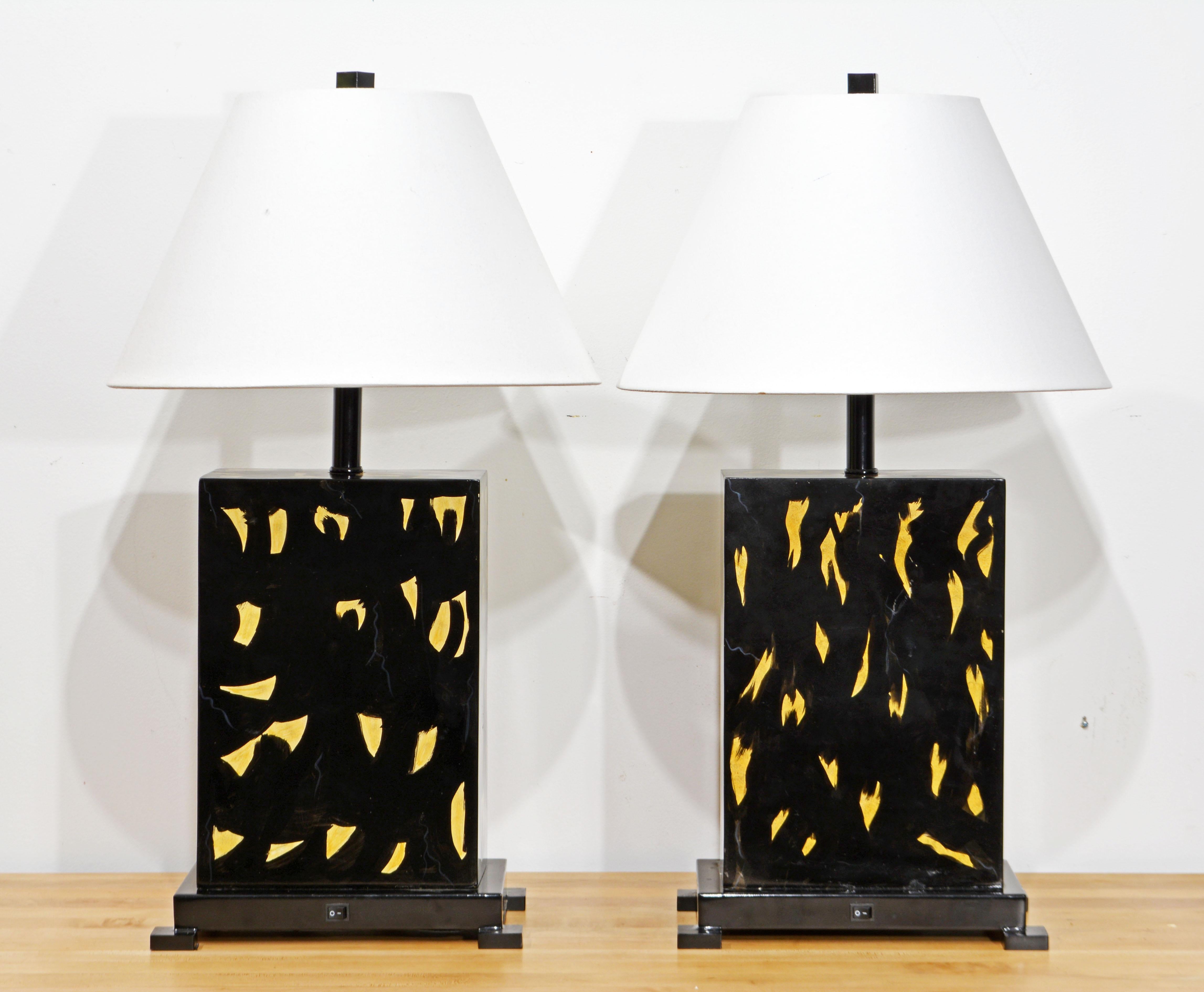 American Pair of Archit Rectangular Lacquered Tablelamps w. Abstract Experssionist Motifs For Sale