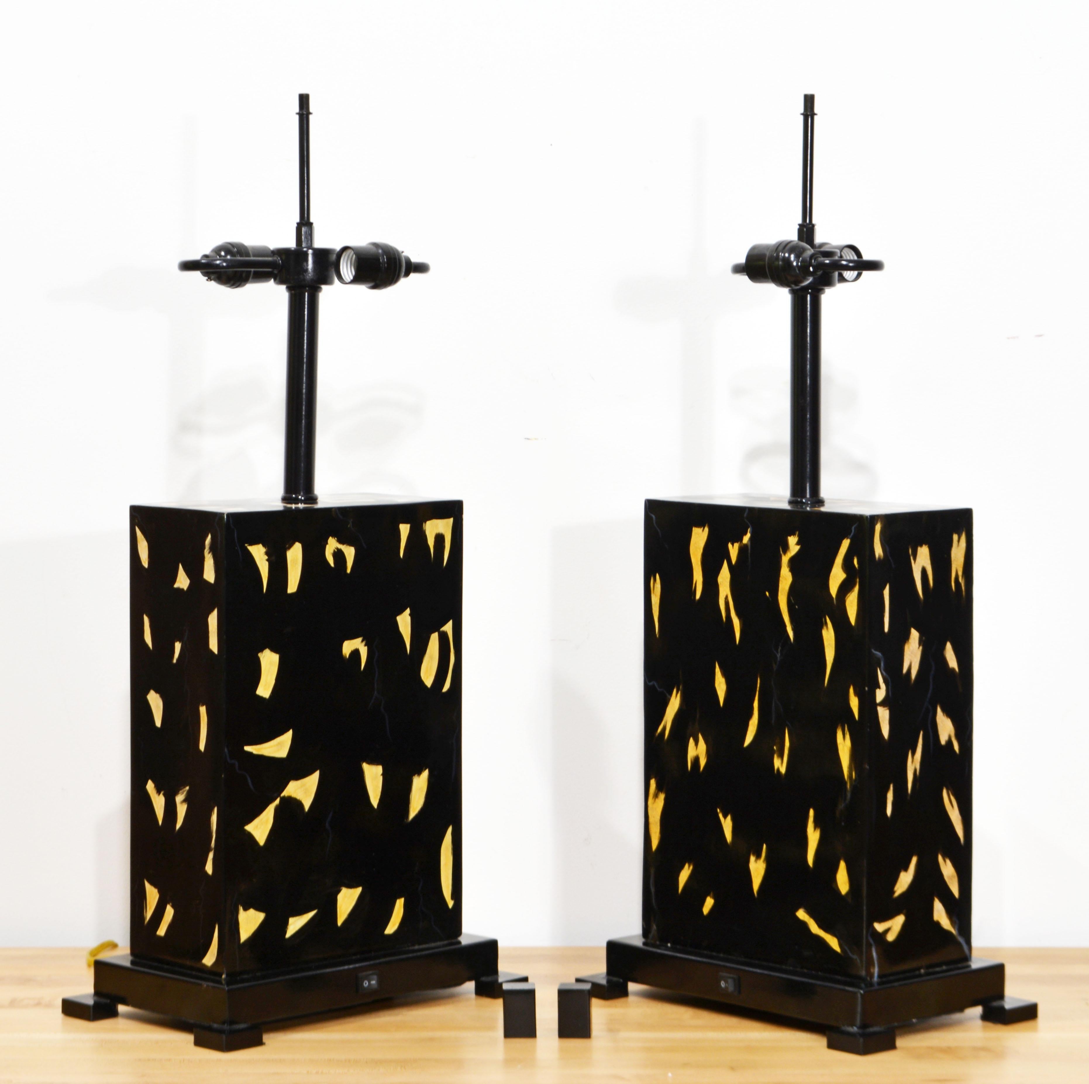 Steel Pair of Archit Rectangular Lacquered Tablelamps w. Abstract Experssionist Motifs For Sale