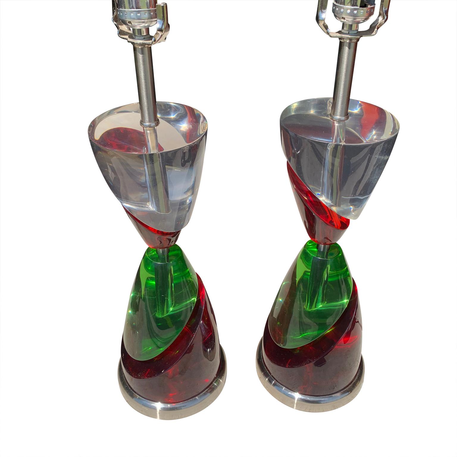 Pair Of Van Teal Style Red And Green Lucite Table Lamps 2