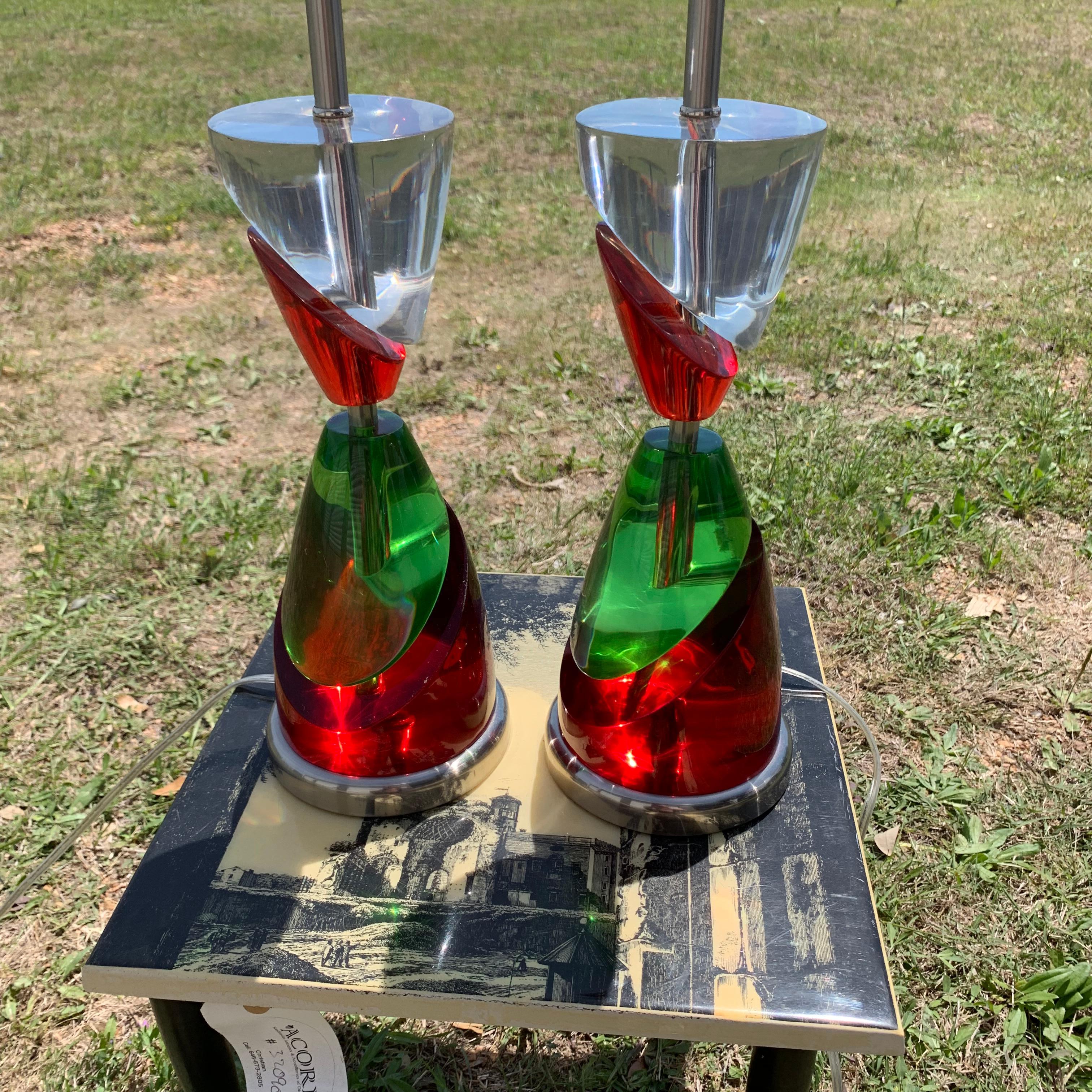 Pair Of Van Teal Style Red And Green Lucite Table Lamps 3
