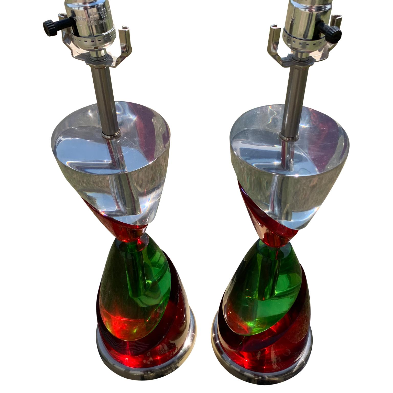 Hand-Crafted Pair Of Van Teal Style Red And Green Lucite Table Lamps
