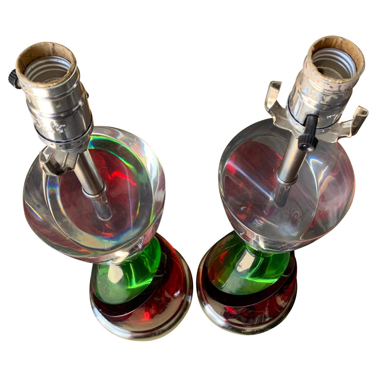 20th Century Pair Of Van Teal Style Red And Green Lucite Table Lamps
