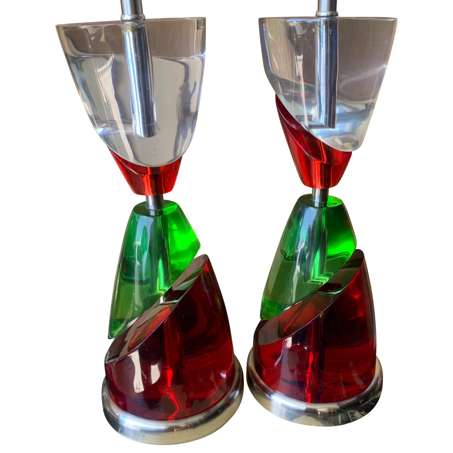 Pair Of Van Teal Style Red And Green Lucite Table Lamps 1