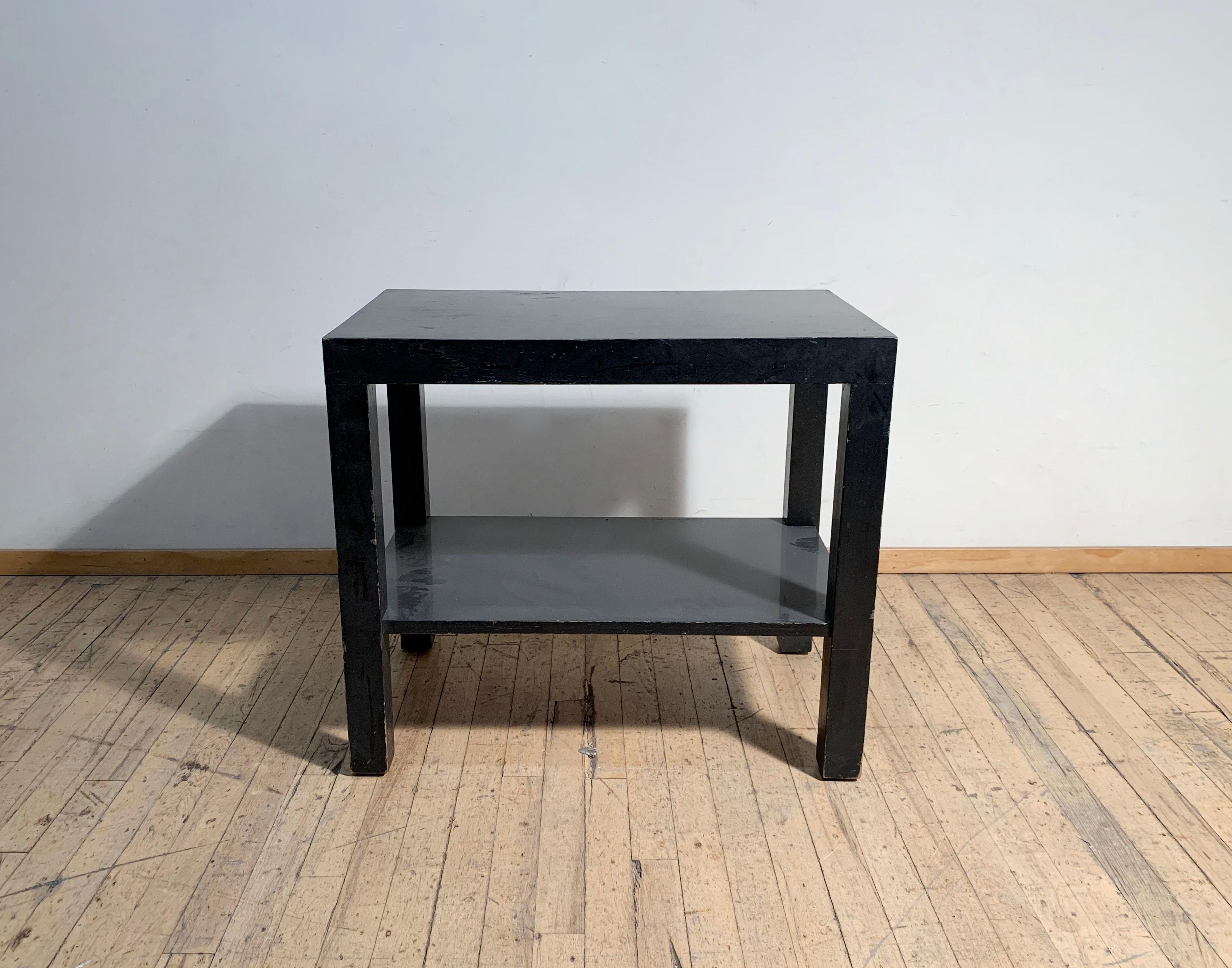 Pair of Modern Parsons Endtables / Night stands attributed to Robsjohn Gibbings. Original black finish dating to the mid 20th century. 
Tables are unmarked. Attributed to Robsjohn Gibbings for Widdicomb Modern. 
Structurally solid tables, however