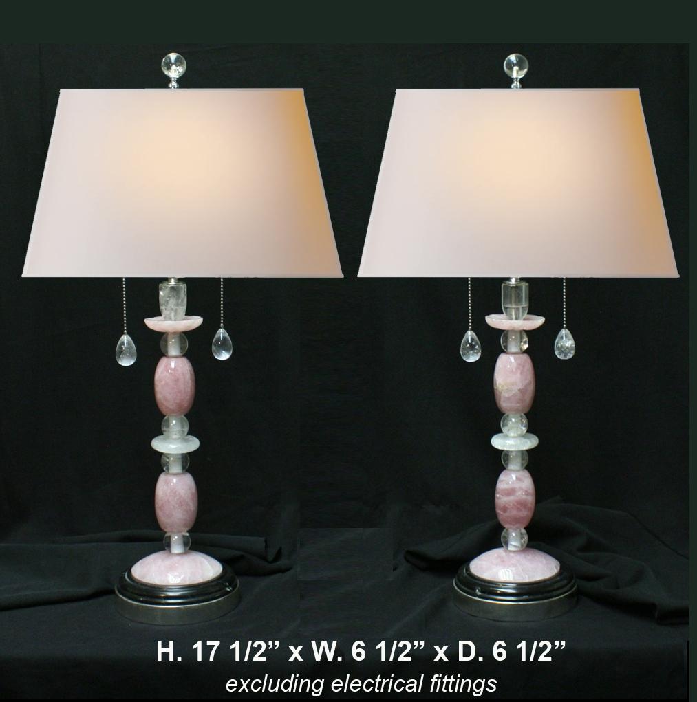 One of a kind modern hand carved and hand polished rock crystal and rose quartz table lamps with rock crystal finial.

Shades are not included.