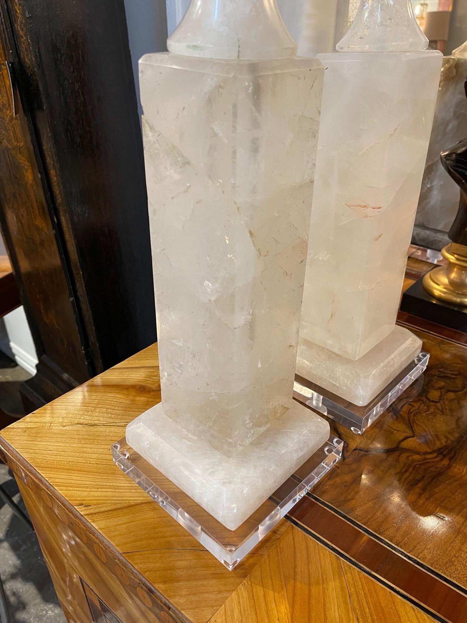 Brazilian Pair of Modern Rock Crystal Lamps For Sale