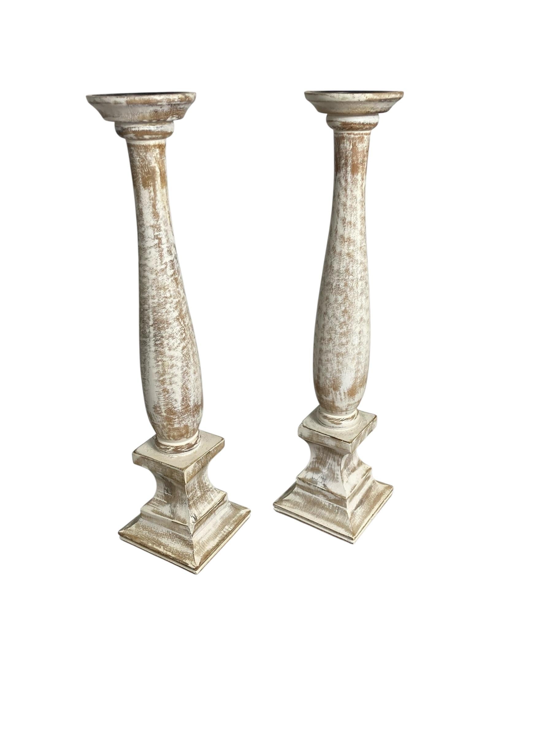 Minimalist Pair of Modern Rustic Shabby Chic Candle Holders From Belgium Dry Scraped For Sale
