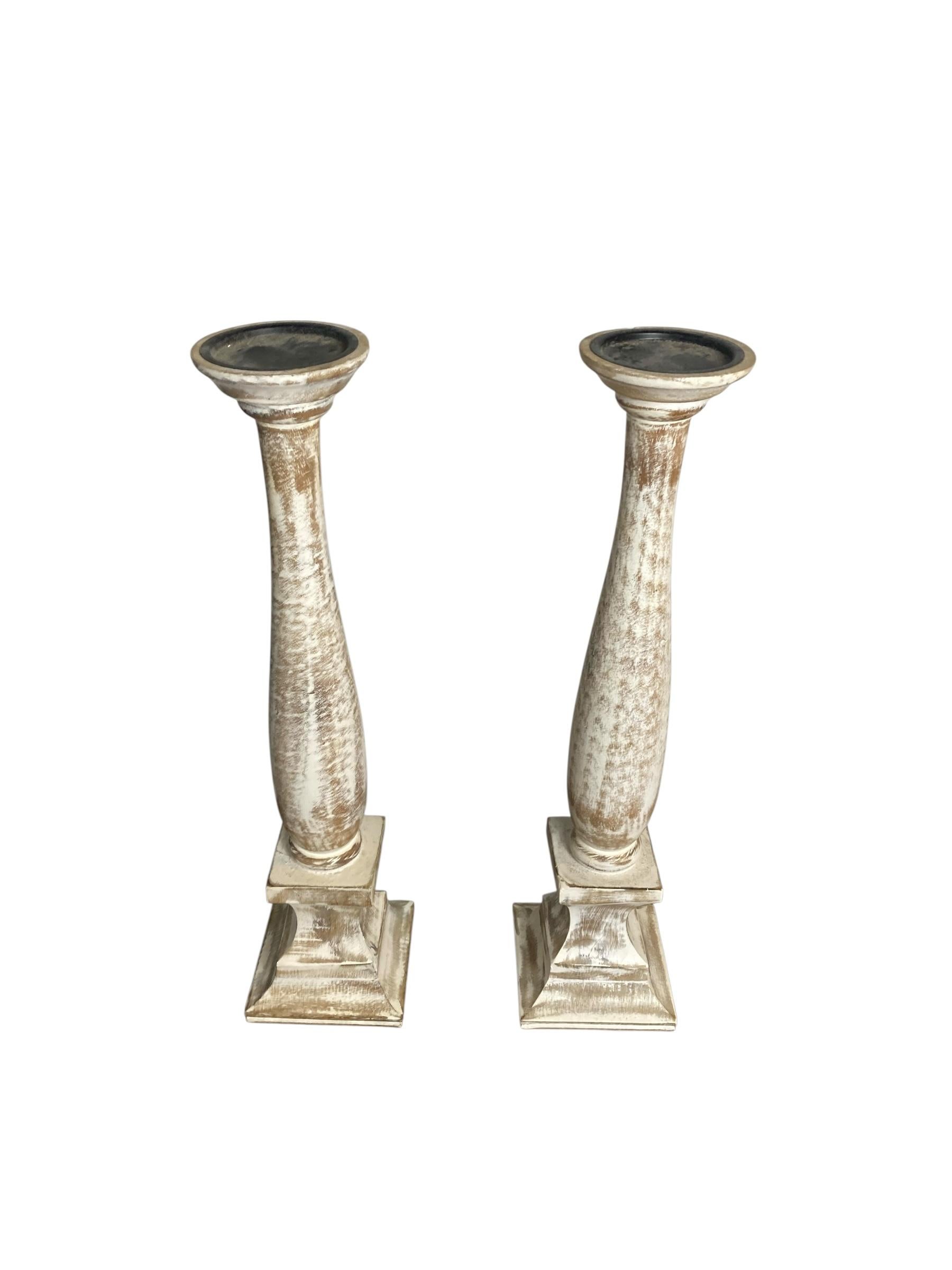 Wood Pair of Modern Rustic Shabby Chic Candle Holders From Belgium Dry Scraped For Sale