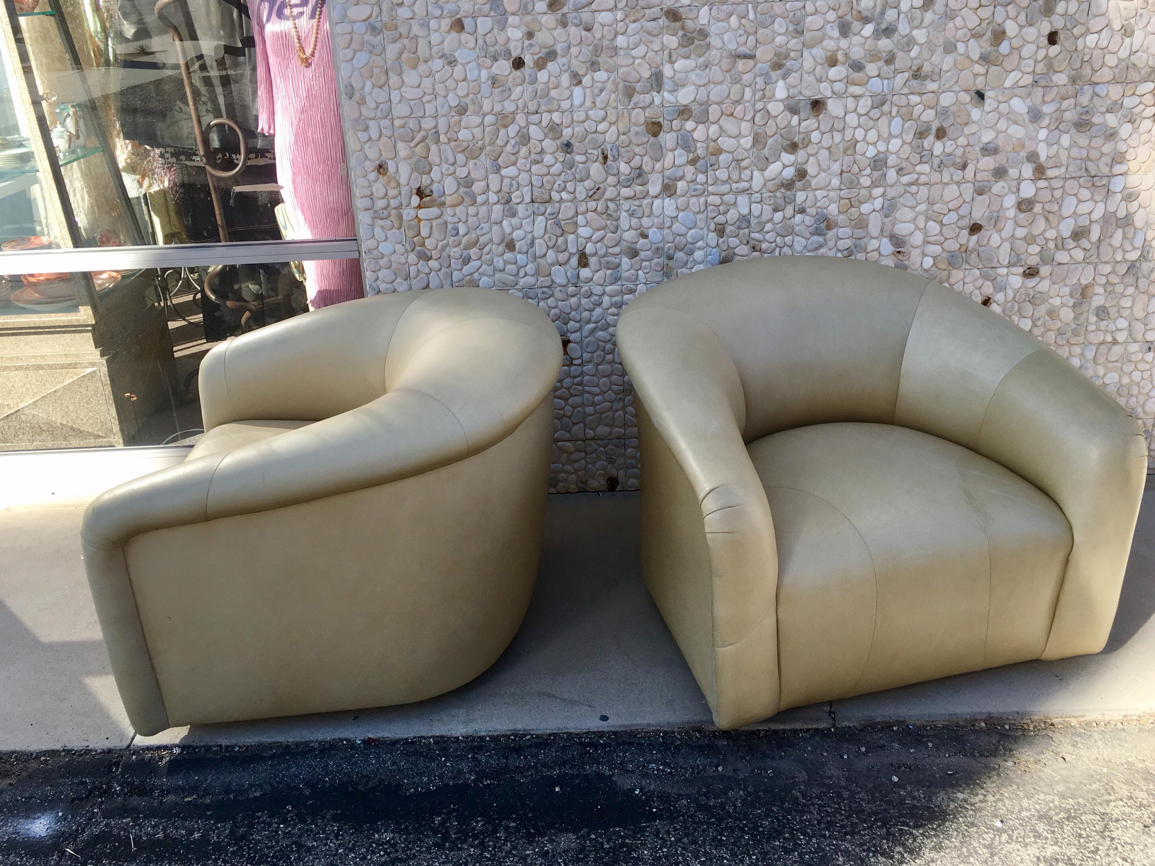 These were the best chair design Sally Sirkin Lewis did for J Robert Scott. Both the scale and the shape make these rare chairs as modern as chic as when they were designed. From a upscale Palm Springs house, they are in a natural/nude smooth high