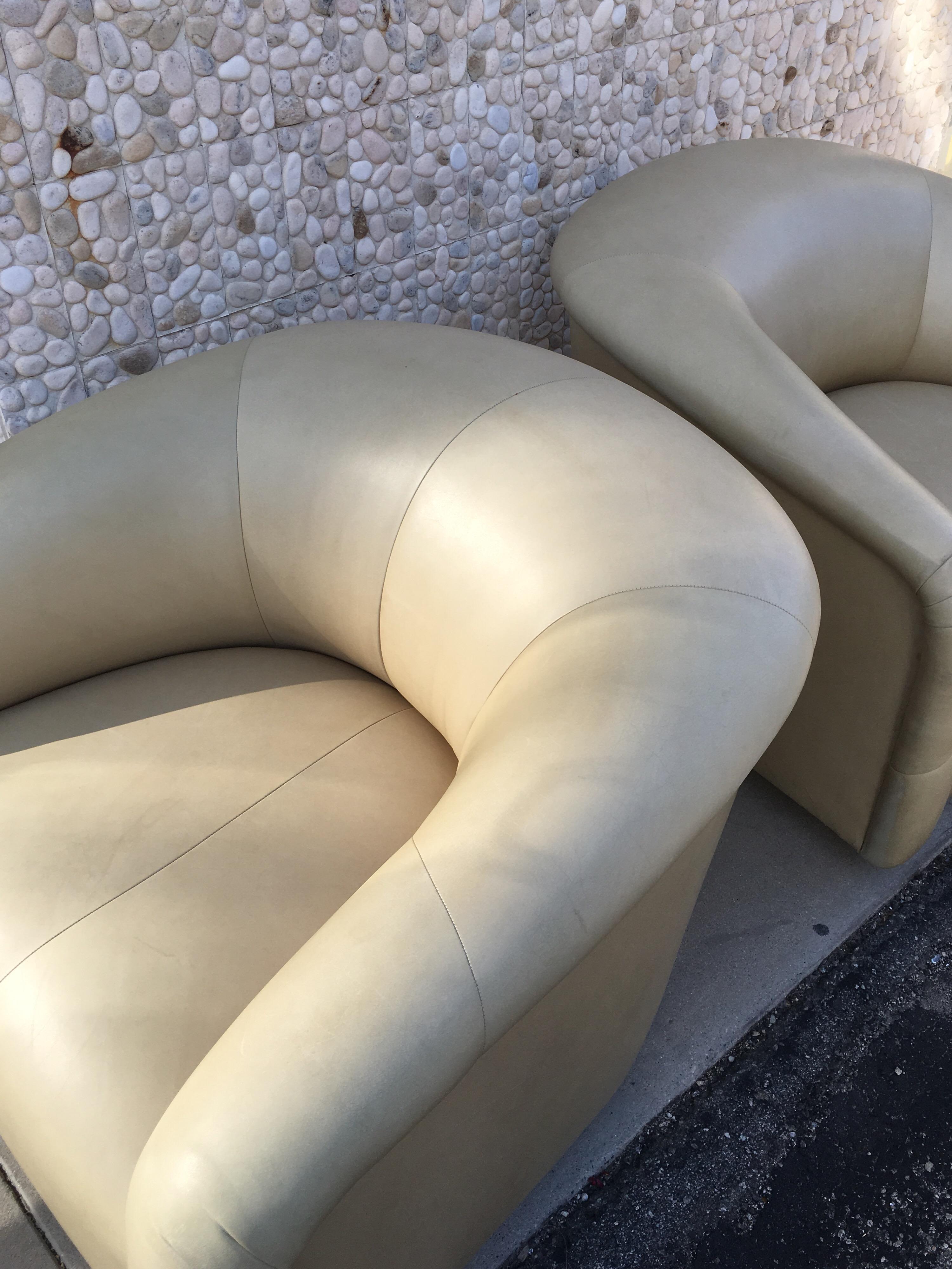 American Pair of Modern Sally Sirkin Lewis J Robert Scott Leather Swivel Barrel Chairs