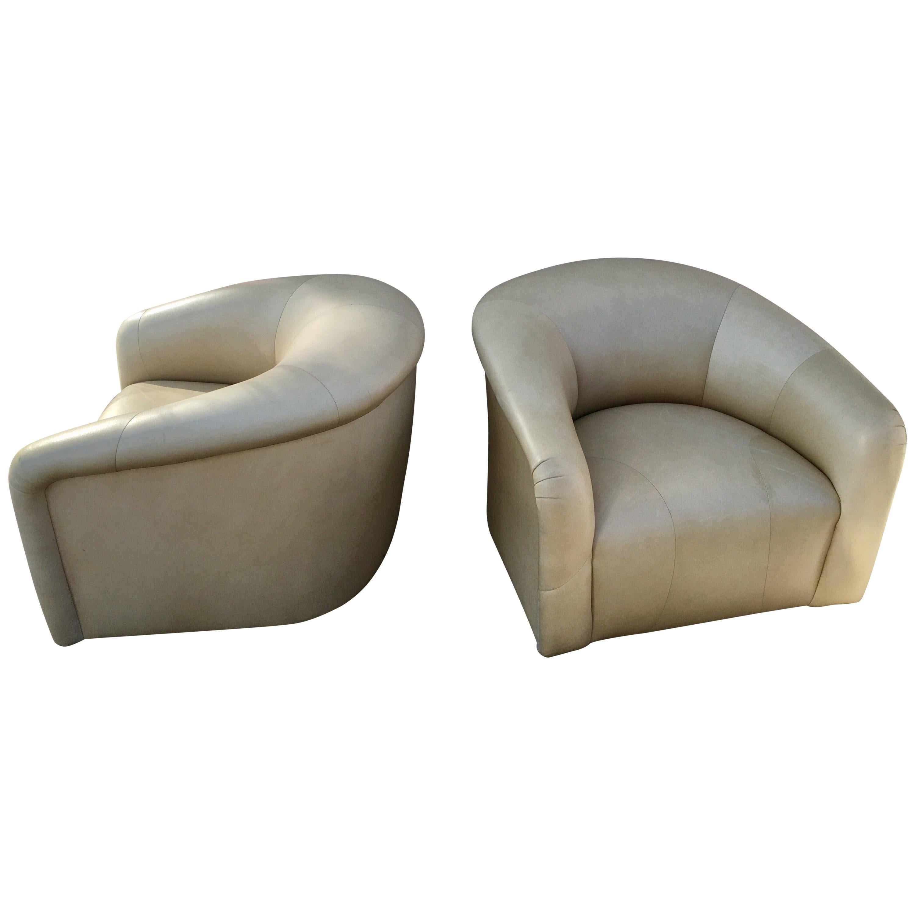 Pair of Modern Sally Sirkin Lewis J Robert Scott Leather Swivel Barrel Chairs
