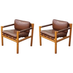 Pair of Modern Scandinavian / Danish Oak and Brown Leather Safari Lounge Chairs