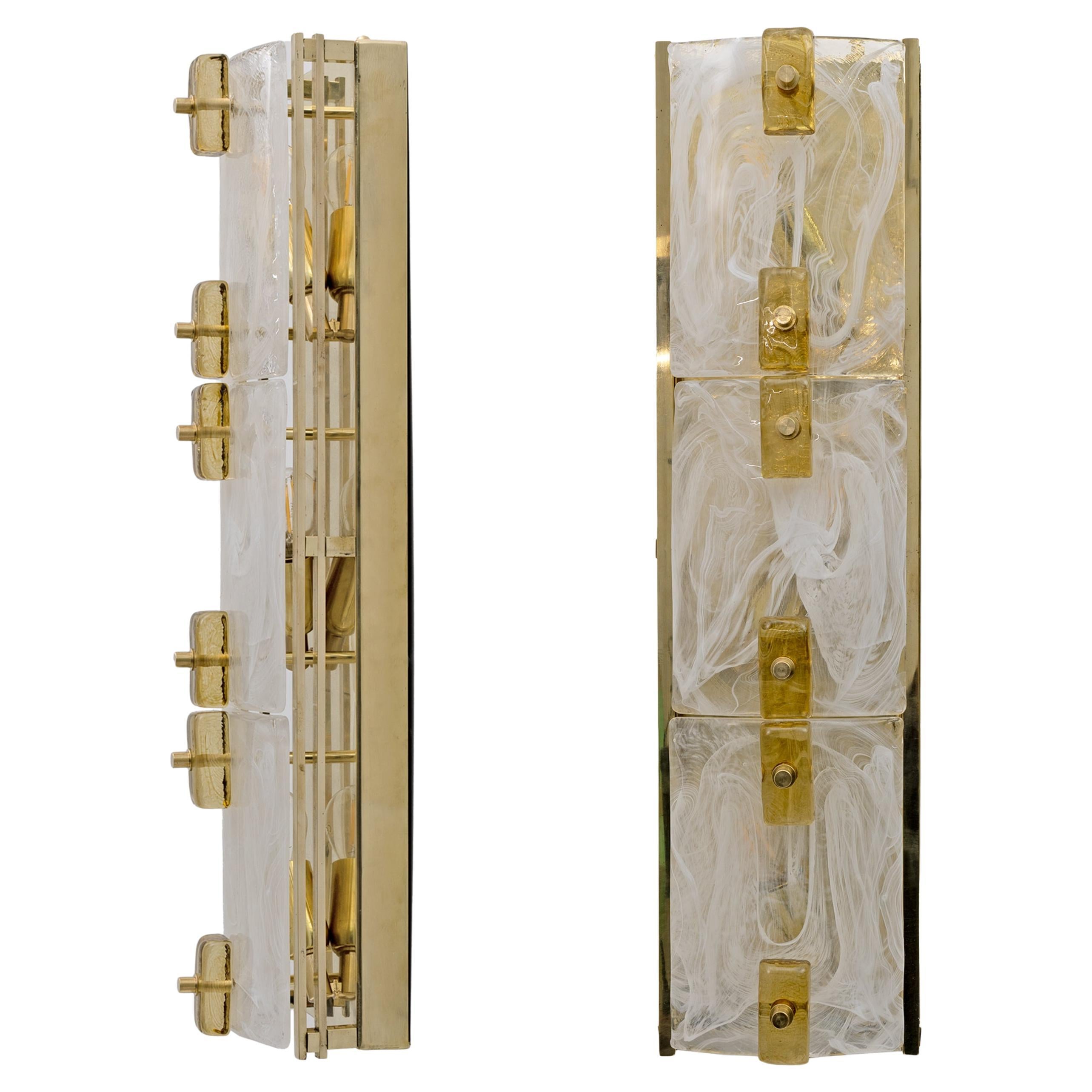 Pair of Modern Sconces in Brass and Milk White Murano Glass and Amber Glass