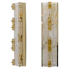 Pair of Modern Sconces in Brass and Milk White Murano Glass and Amber Glass
