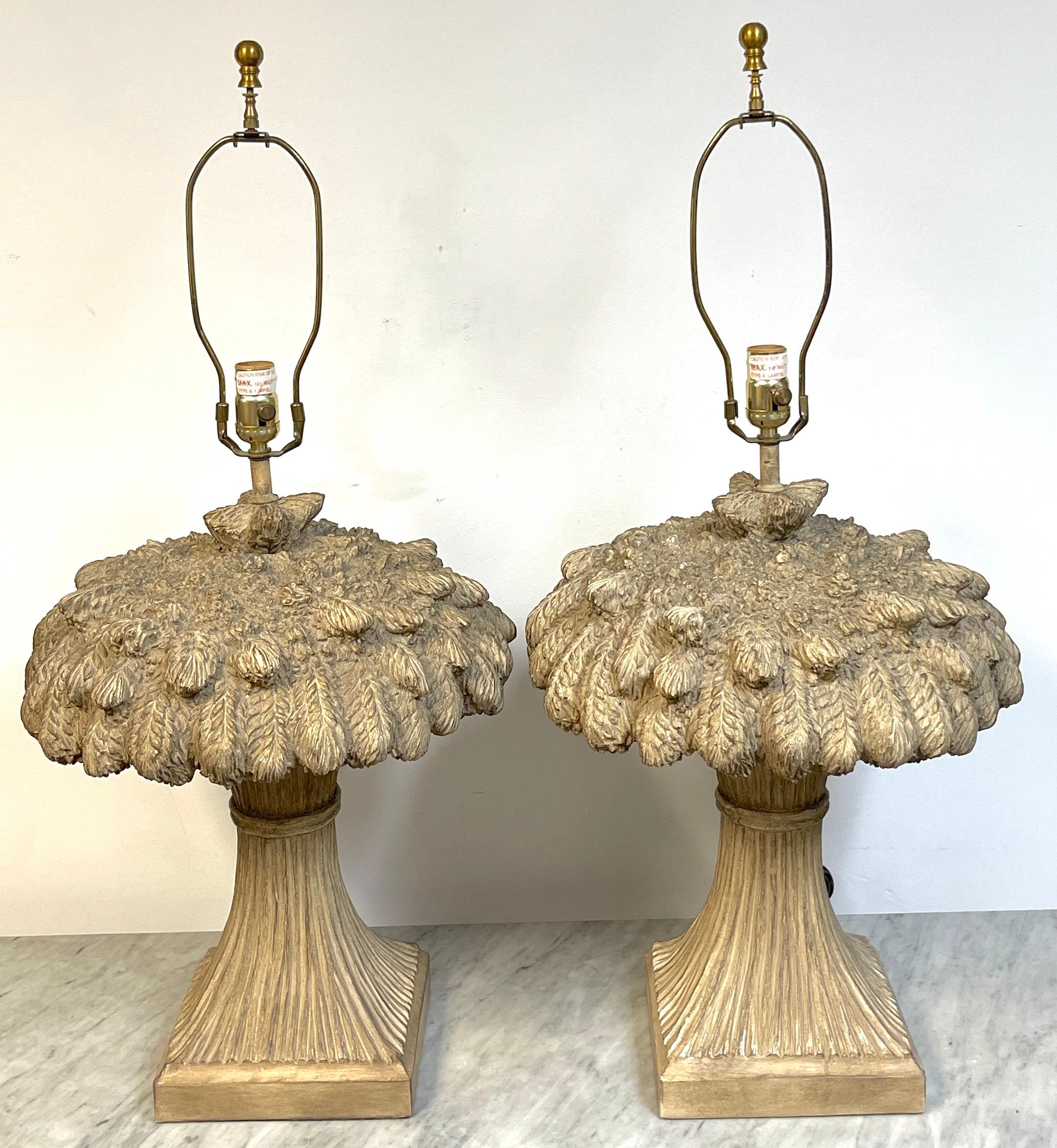 20th Century Pair of Modern Sculpted Terracotta Sheaf of Wheat Lamps, Austin Productions