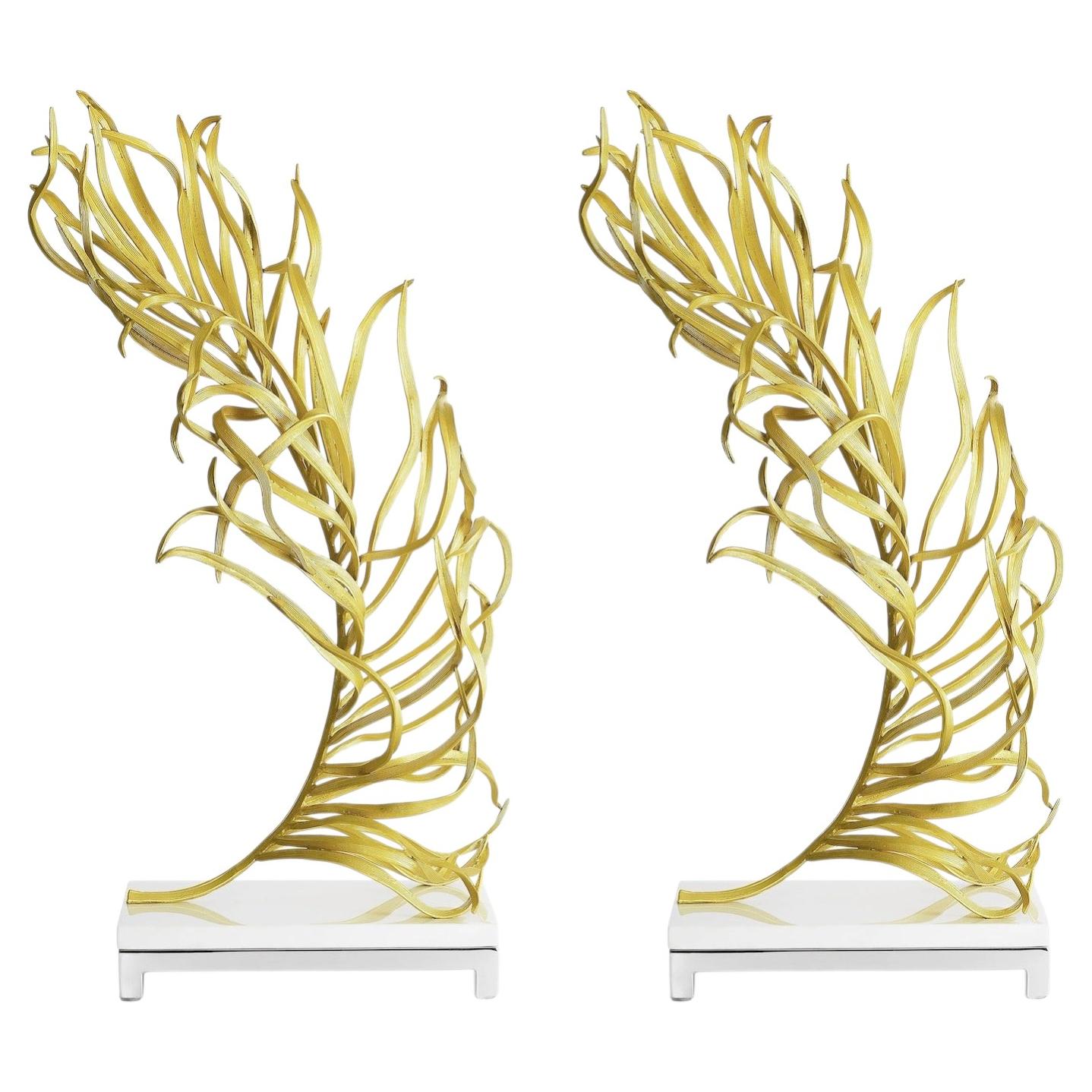 Pair of Modern Sculptural Gold Metal Palm Sculpture Decorative Artwork