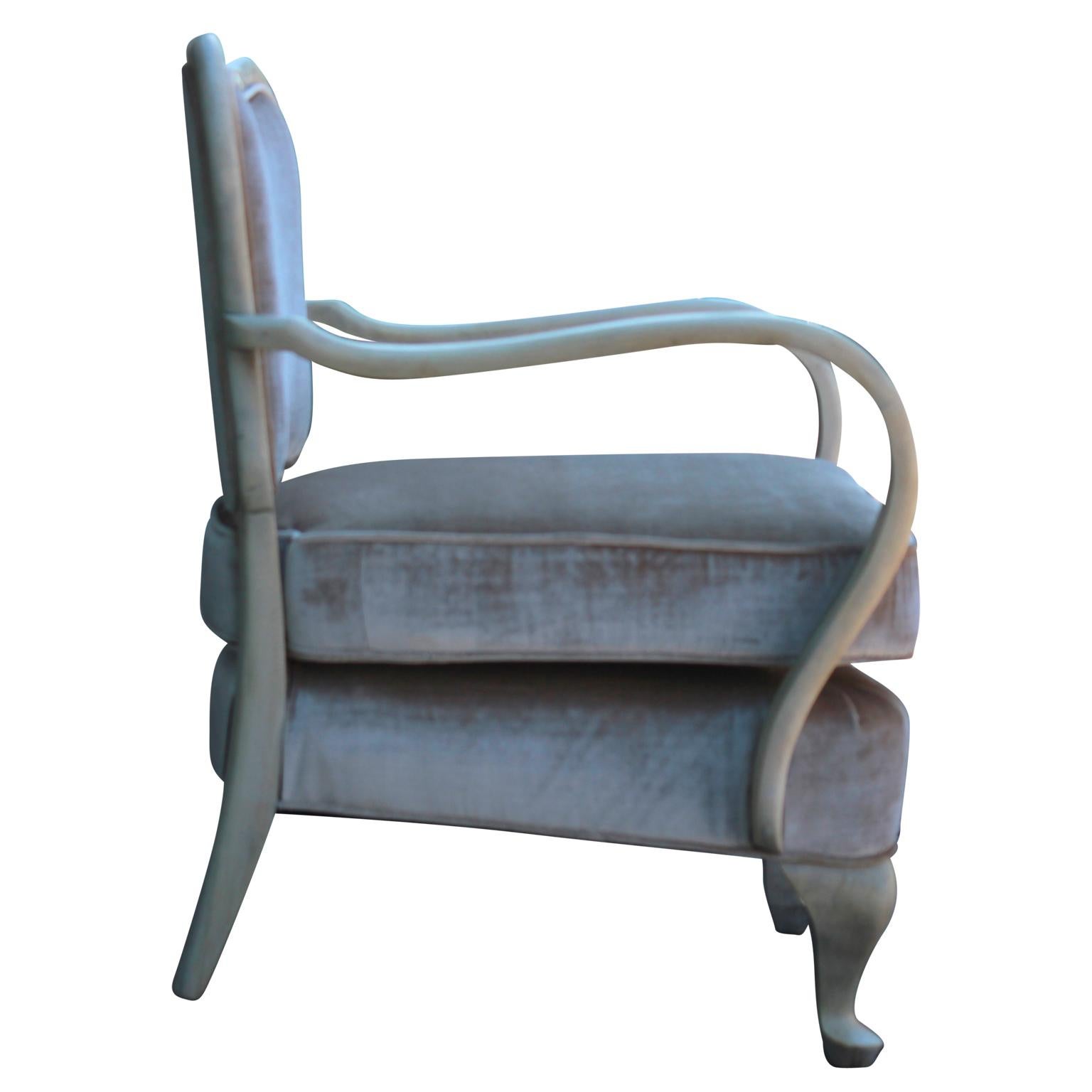Wood Pair of Modern Sculptural Neutral and Light Velvet Italian Lounge Chairs