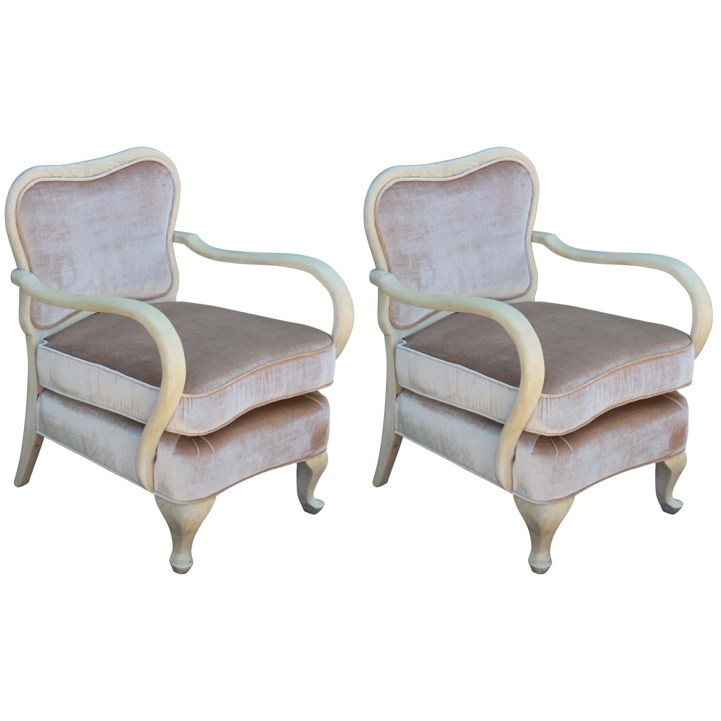 Pair of Modern Sculptural Neutral and Light Velvet Italian Lounge Chairs