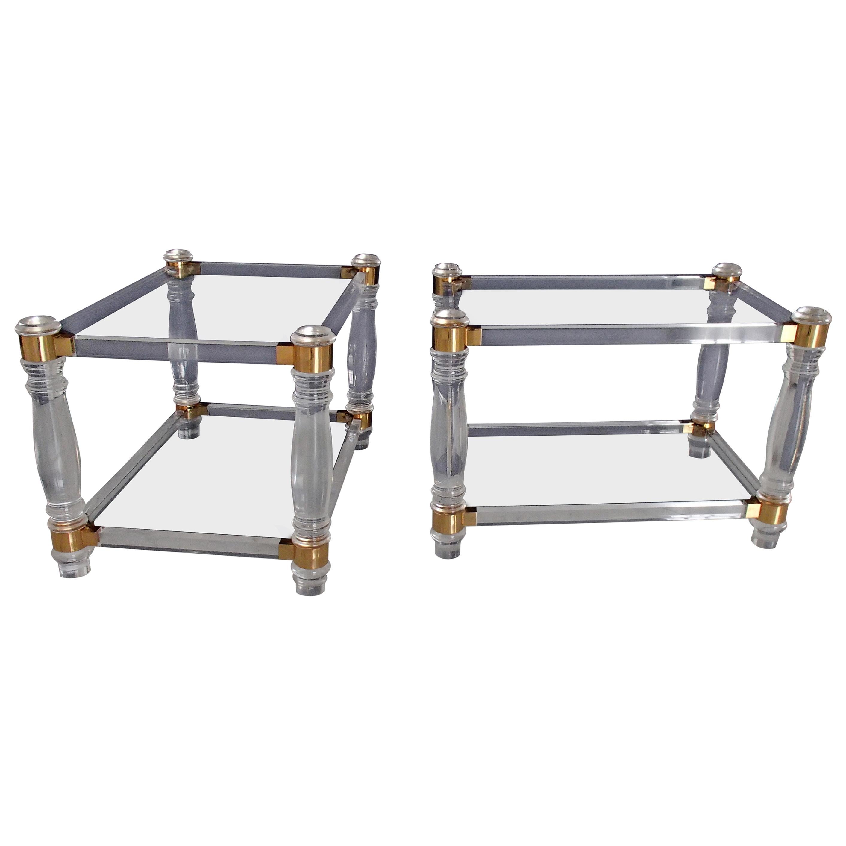 Pair of Modern Side Tables Plexi Glass, Glass and Brass 