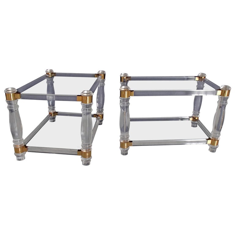 Pair of Modern Side Tables Plexi Glass, Glass and Brass For Sale at 1stDibs