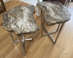 Pair of Modern Side Tables with Petrified Wood Tops and Custom Chrome Bases