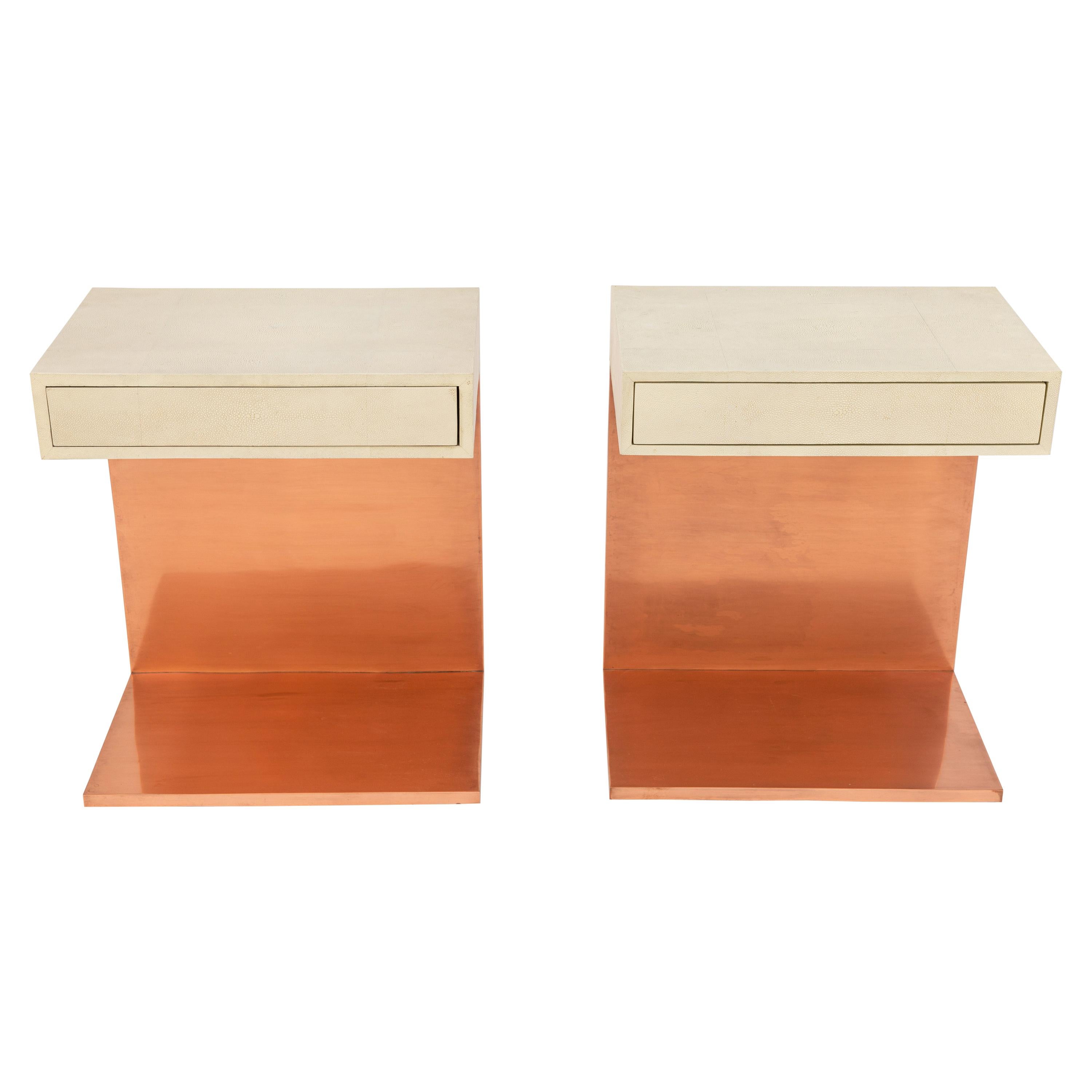 Pair of Modern Side Tables with Shagreen Tops and Copper Finish