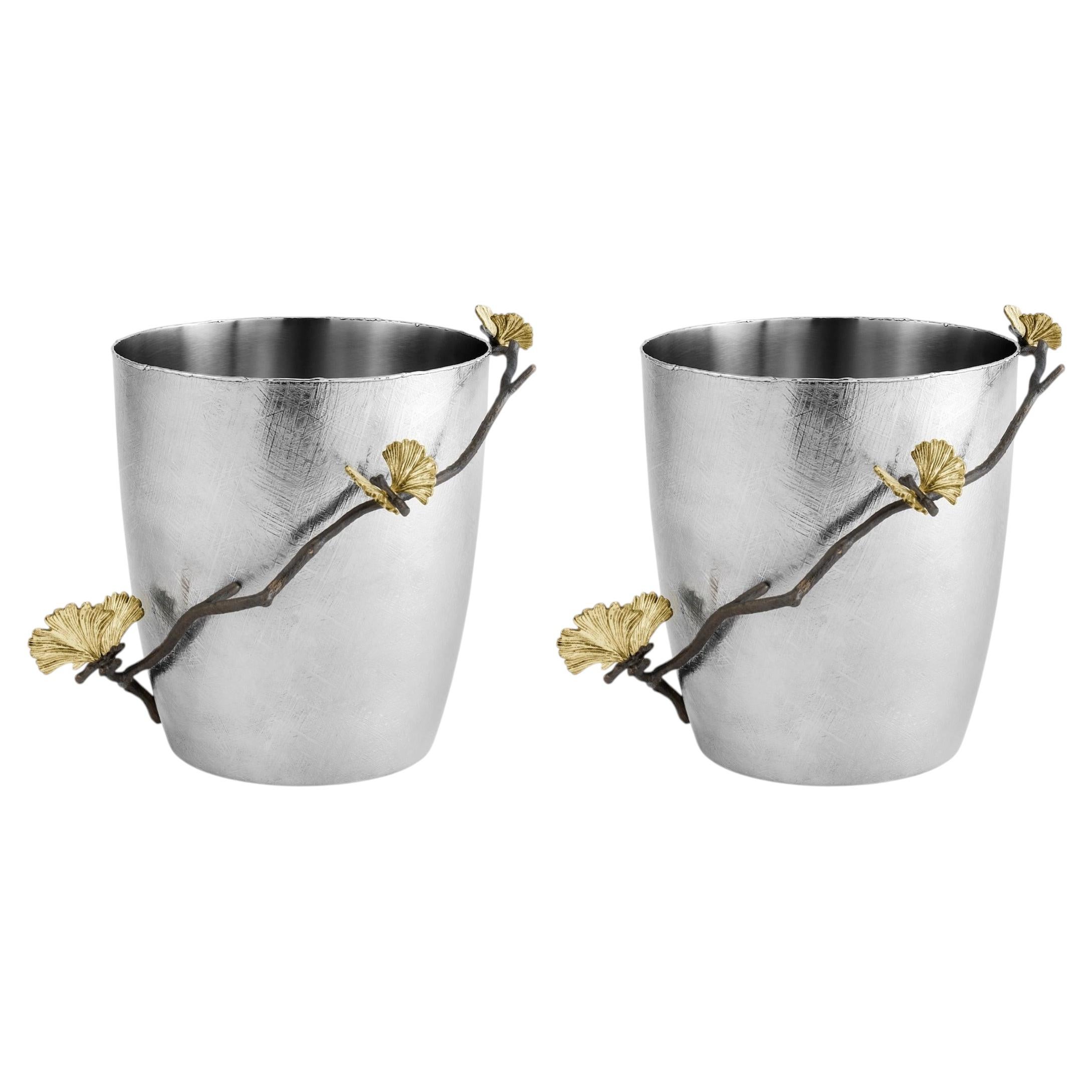 Pair of Modern Silver Metal Ginkgo Ice Bucket, Decorative Barware