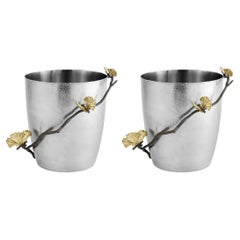 Pair of Modern Silver Metal Ginkgo Ice Bucket, Decorative Barware