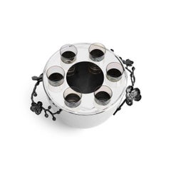 Pair of Modern Silver Metal Vodka Service with Black Orchid Motif