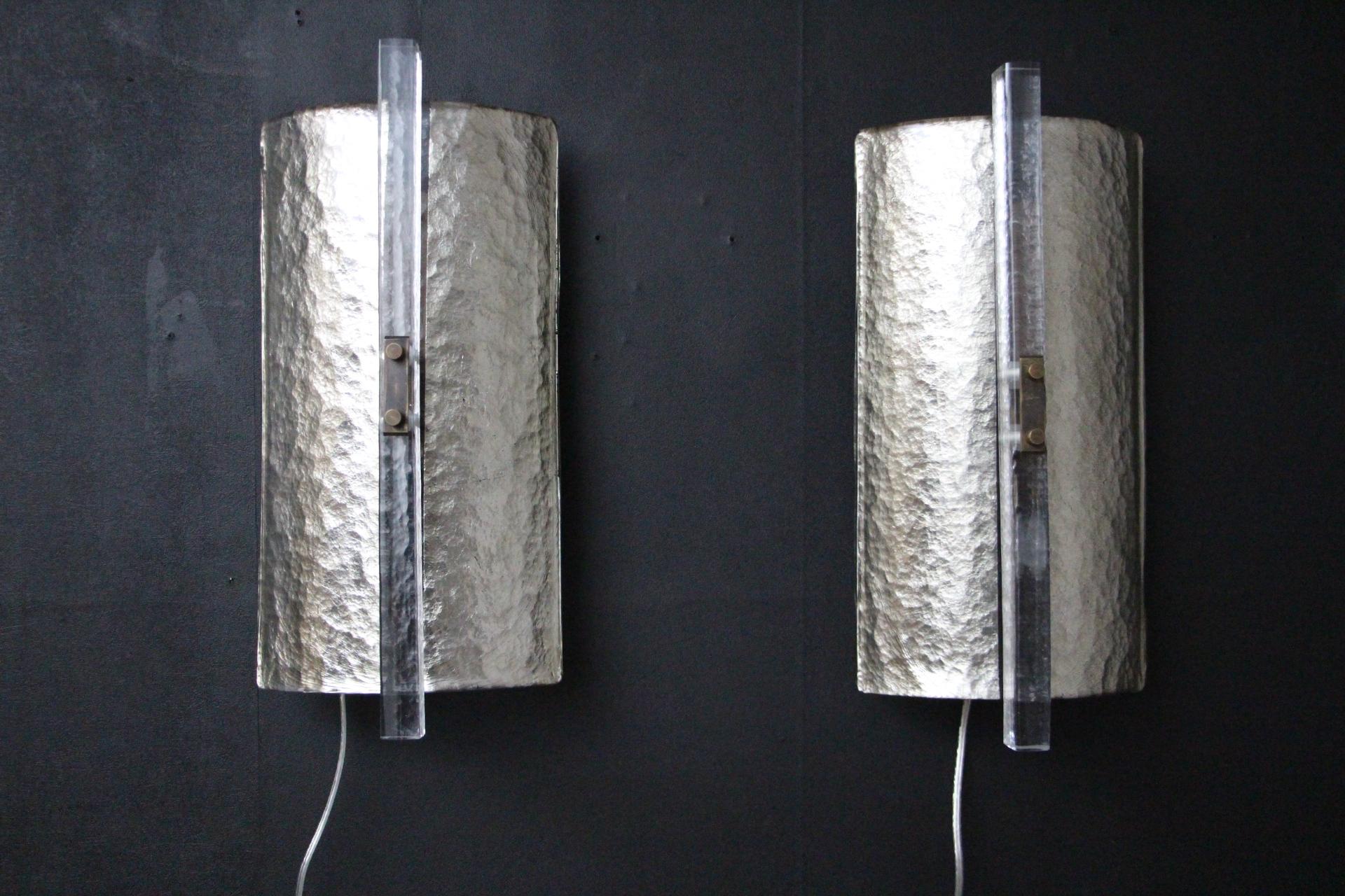 Pair of Modern Sliver Leaf Murano Glass Wall Lights, Pair of Brutalist Sconces For Sale 1