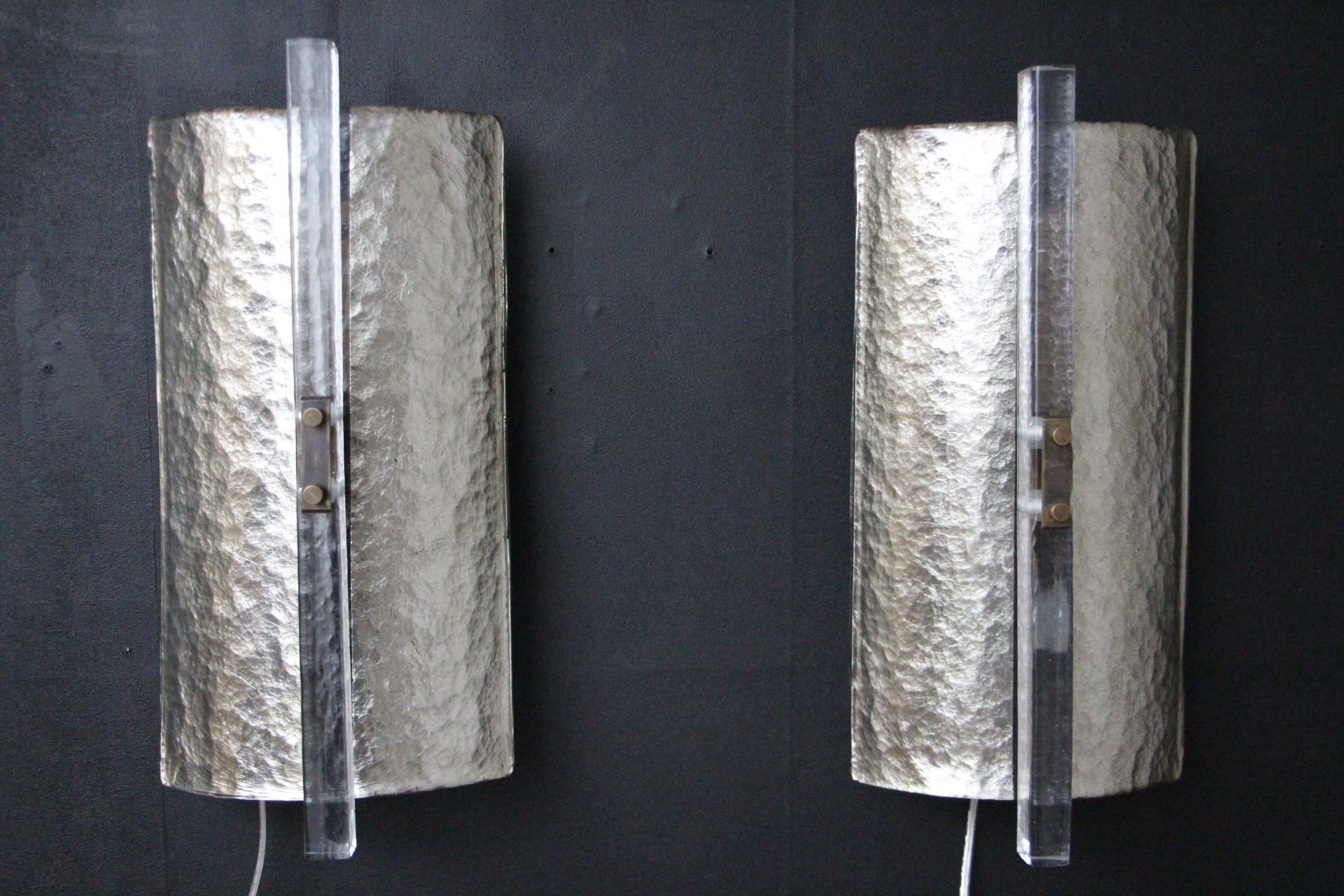 Pair of Modern Sliver Leaf Murano Glass Wall Lights, Pair of Brutalist Sconces For Sale 2
