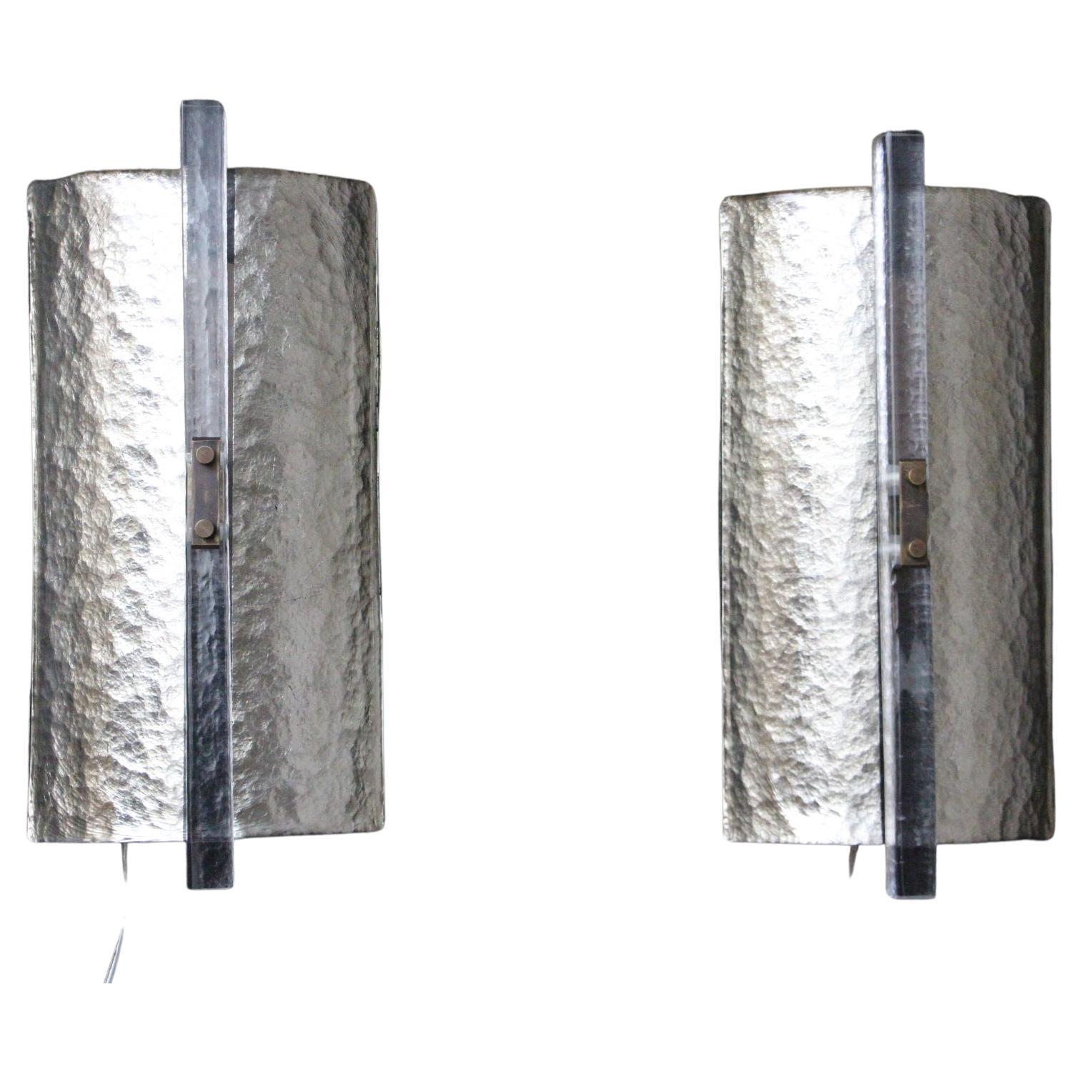 Pair of Modern Sliver Leaf Murano Glass Wall Lights, Pair of Brutalist Sconces For Sale